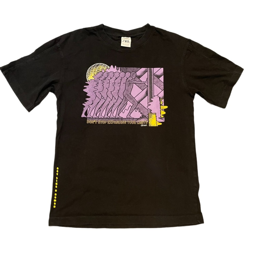 Zara DNWR Graphic Cotton Tee Black Purple Yellow Men's S Streetwear Short Sleeve